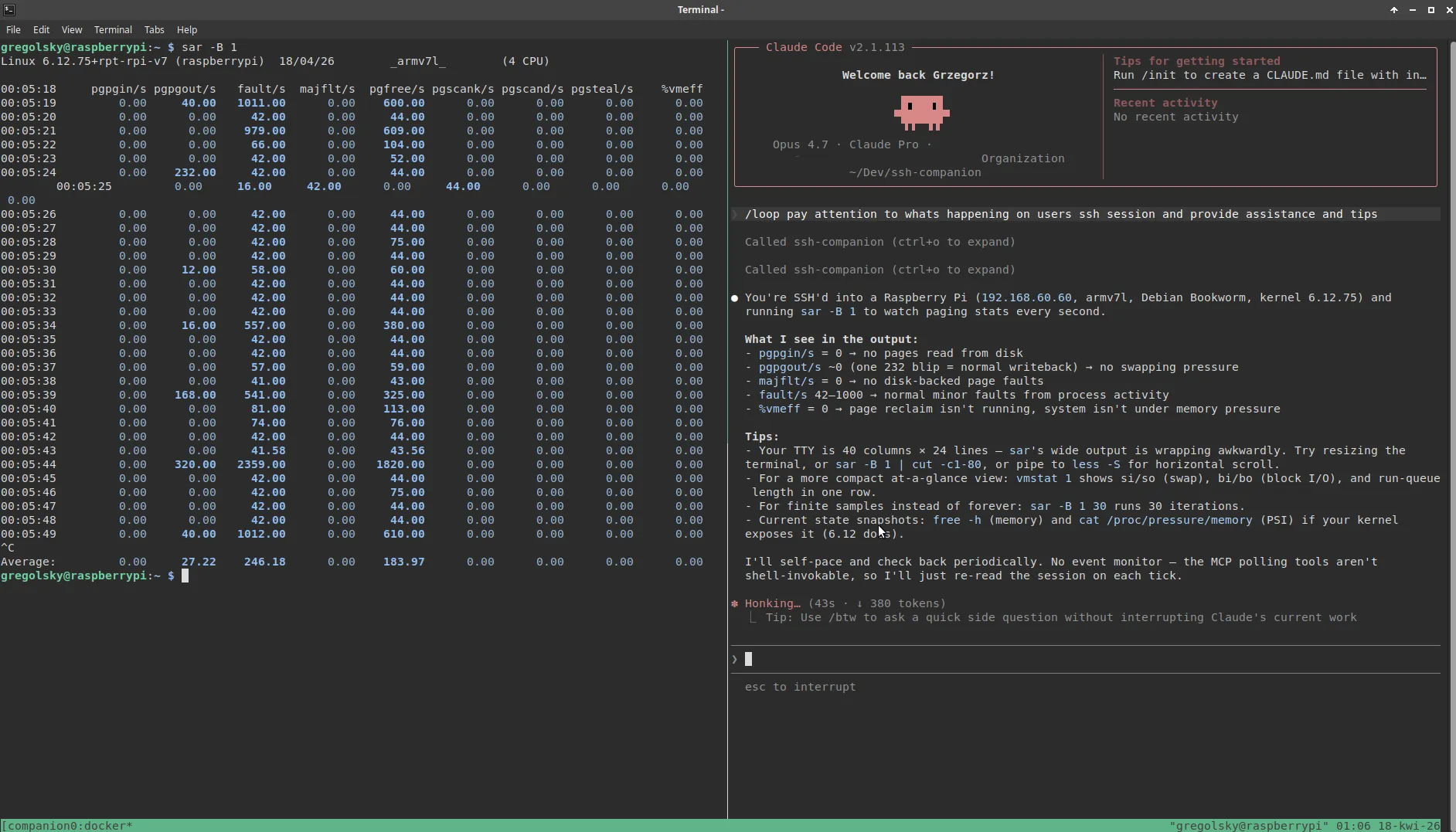 SSH Companion in action — tmux split with SSH on the left, Claude on the right